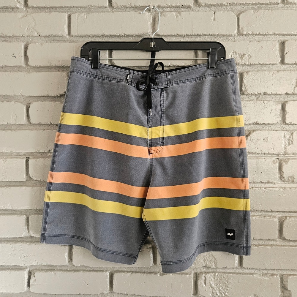 Banks Journal‎ Mens Board Shorts 34 Gray Striped Recycled Stretch Surf Trunks